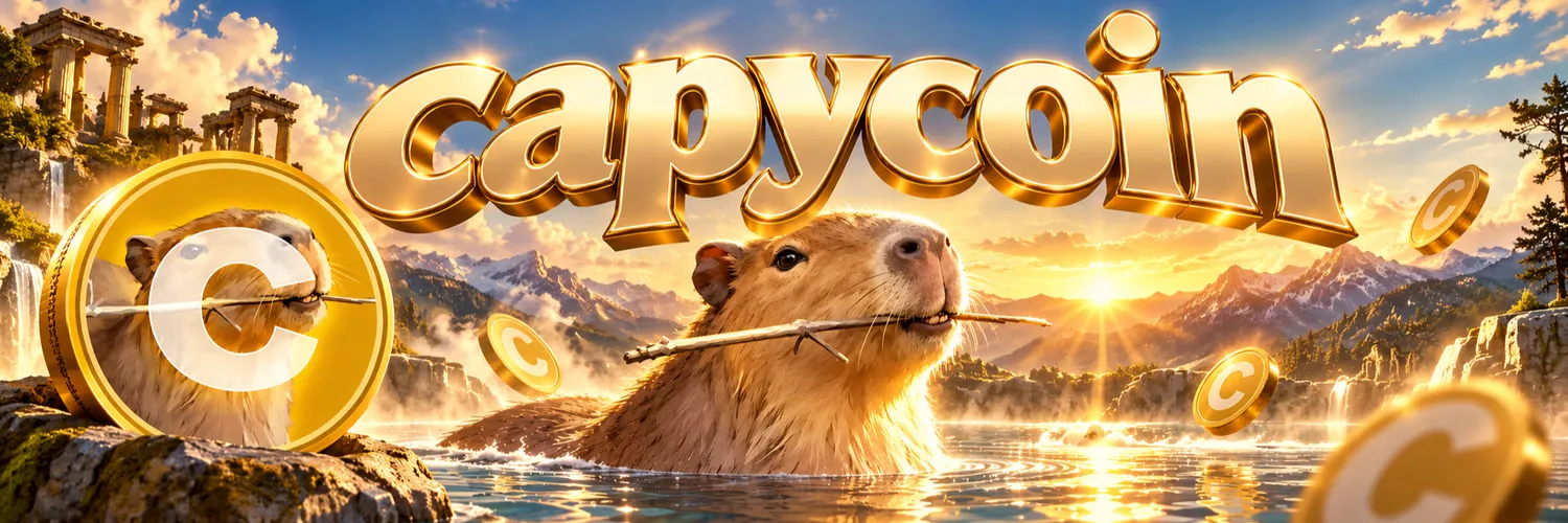 Capycoin artwork: a capybara holding a stick, soaking in water at sunset, with gold capycoin lettering